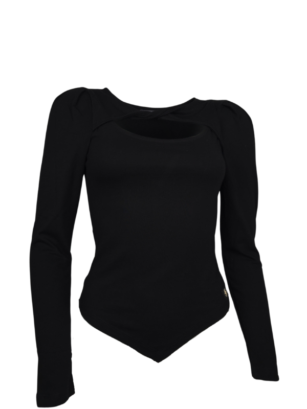 Burgu Yakalı Omuz Detaylı Siyah T-Shirt - Enerjik ve Tarz - Görsel 6