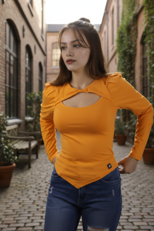 Kadın Turuncu Burgu Yaka Uzun Kollu Bluz – Rahat & Şık Günlük Stil