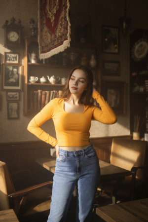 Kadın Turuncu Kare Yakalı Crop Uzun Kollu Pamuklu Bluz – Şık & Rahat