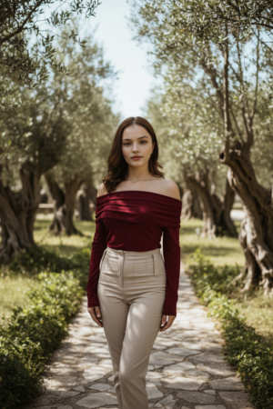 Kadın Omzu Açık Sandy Kumaş Bluz – Bordo| Zarif & Şık