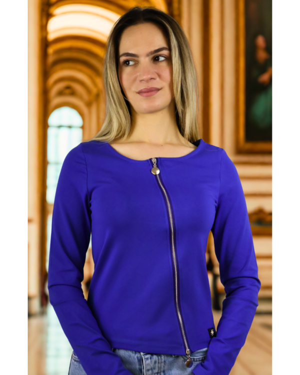 Fermuarlı ve Dekolte Ayarlanabilir Morcivert Uzun Kol T-Shirt - Görsel 2