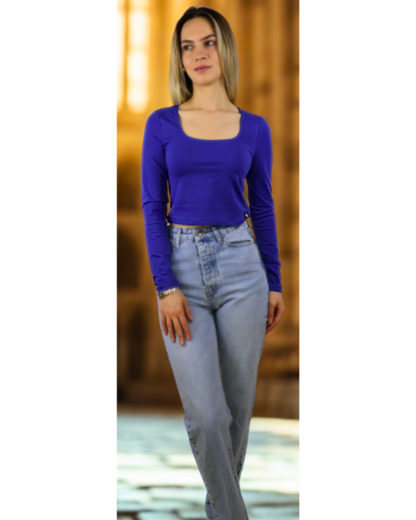 Kare Yakalı Rahat ve Kaliteli Morcivert Crop - Görsel 4