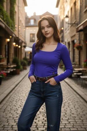 Kadın Morcivert Kare Yakalı Crop Uzun Kollu Pamuklu Bluz – Şık & Rahat