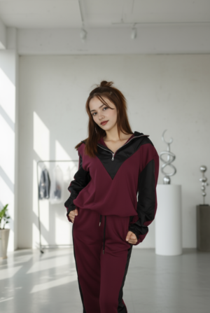 Kadın Şık Garnili Bordo - Siyah Eşofman Takımı - Yüksek Kaliteli Kapüşonlu Jogger Seti