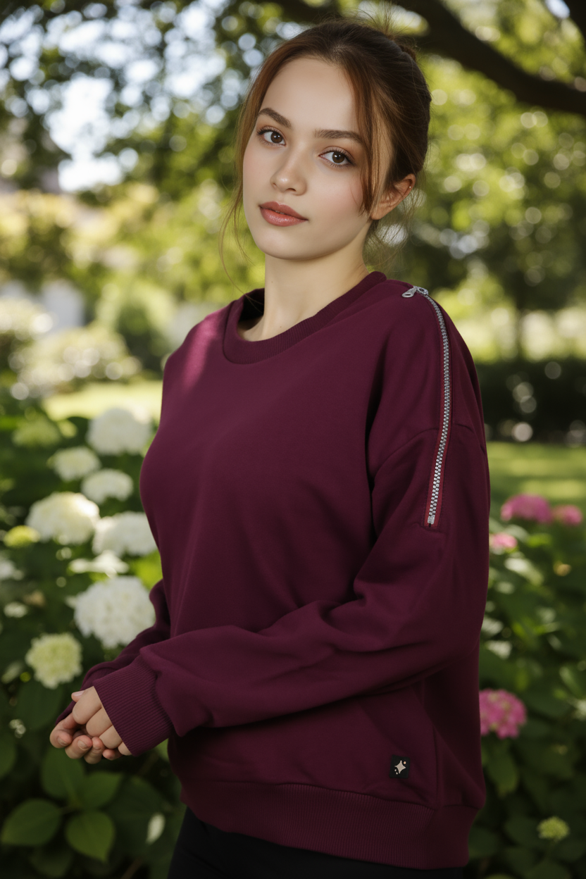 Kadın Omuz Fermuarlı Pamuklu Sweatshirt – Bordo | Şık & Rahat - Görsel 18