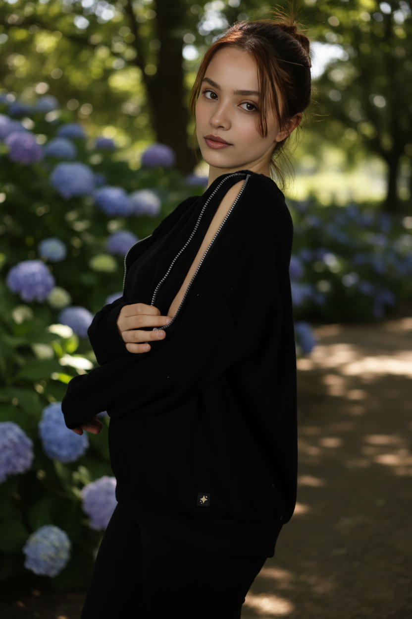 Kadın Omuz Fermuarlı Pamuklu Sweatshirt – Siyah | Şık & Rahat - Görsel 14