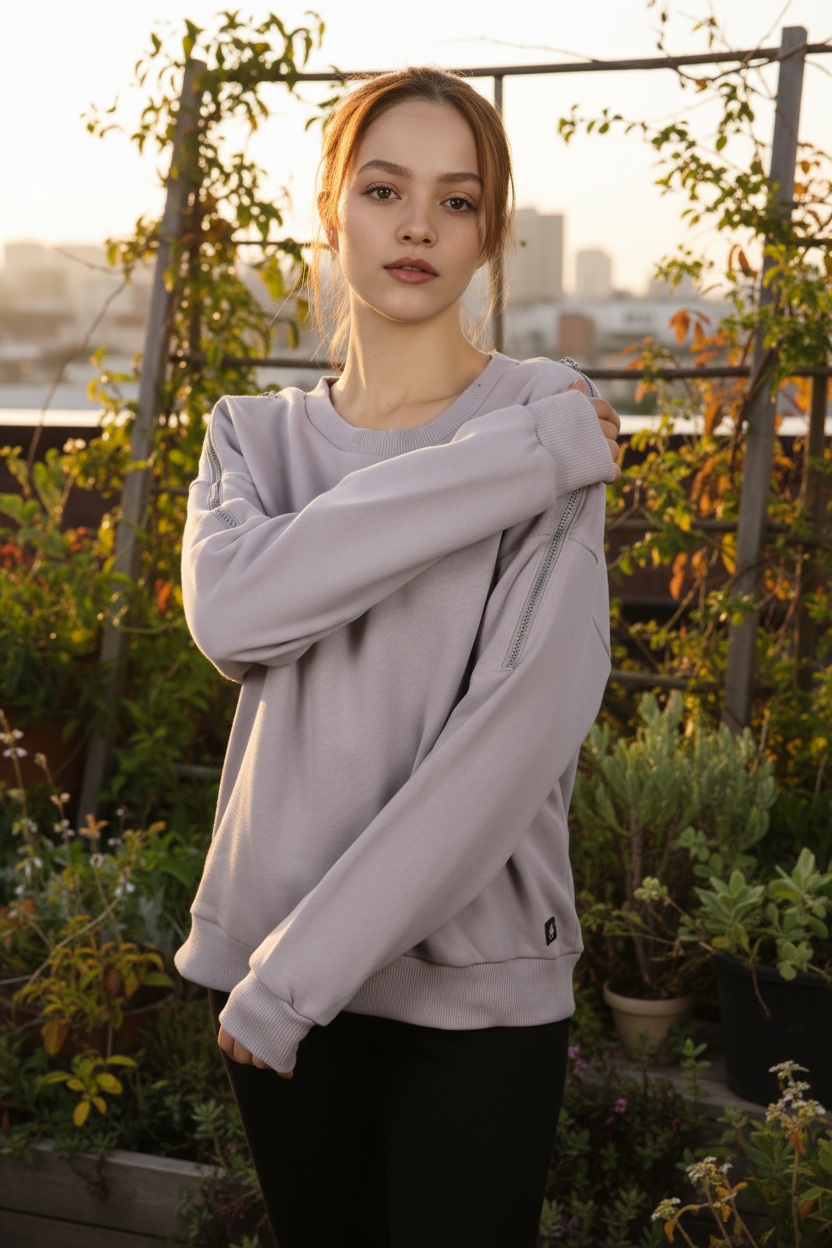 Kadın Omuz Fermuarlı Pamuklu Sweatshirt – Gri | Şık & Rahat - Görsel 12