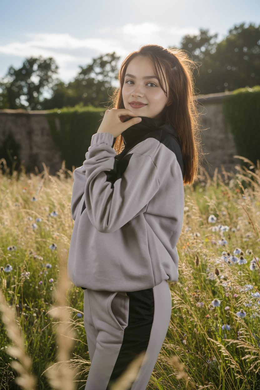 Kadın Şık Garnili Gri - Siyah Eşofman Takımı - Yüksek Kaliteli Kapüşonlu Jogger Seti - Görsel 9