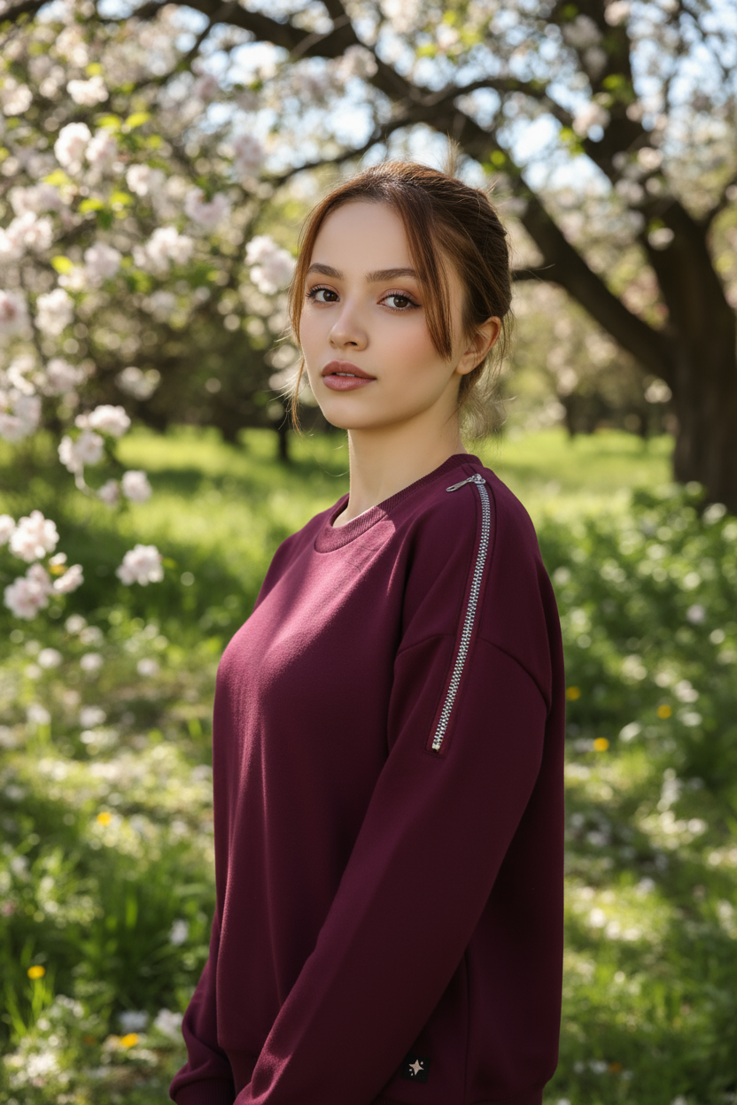 Kadın Omuz Fermuarlı Pamuklu Sweatshirt – Bordo | Şık & Rahat - Görsel 8