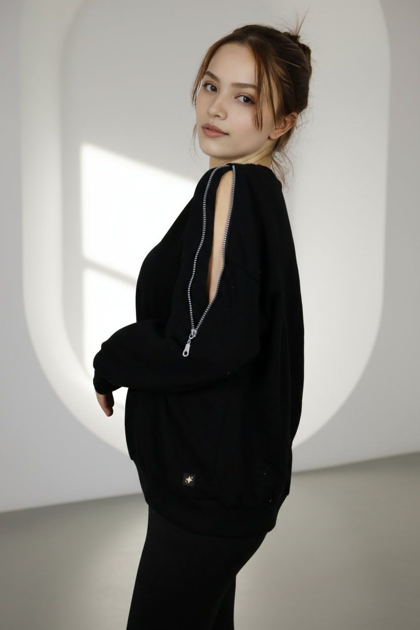 Kadın Omuz Fermuarlı Pamuklu Sweatshirt – Siyah | Şık & Rahat - Görsel 12