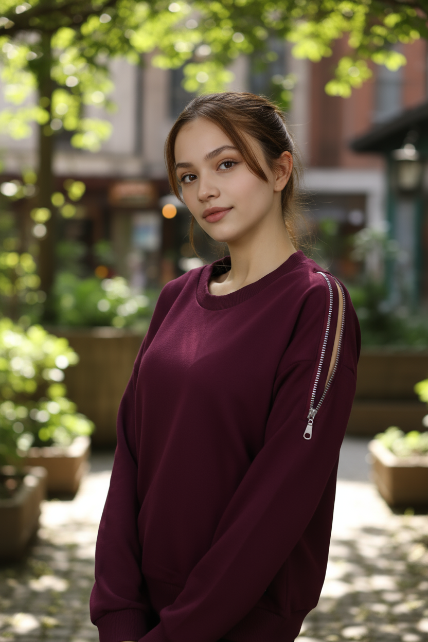 Kadın Omuz Fermuarlı Pamuklu Sweatshirt – Bordo | Şık & Rahat - Görsel 9