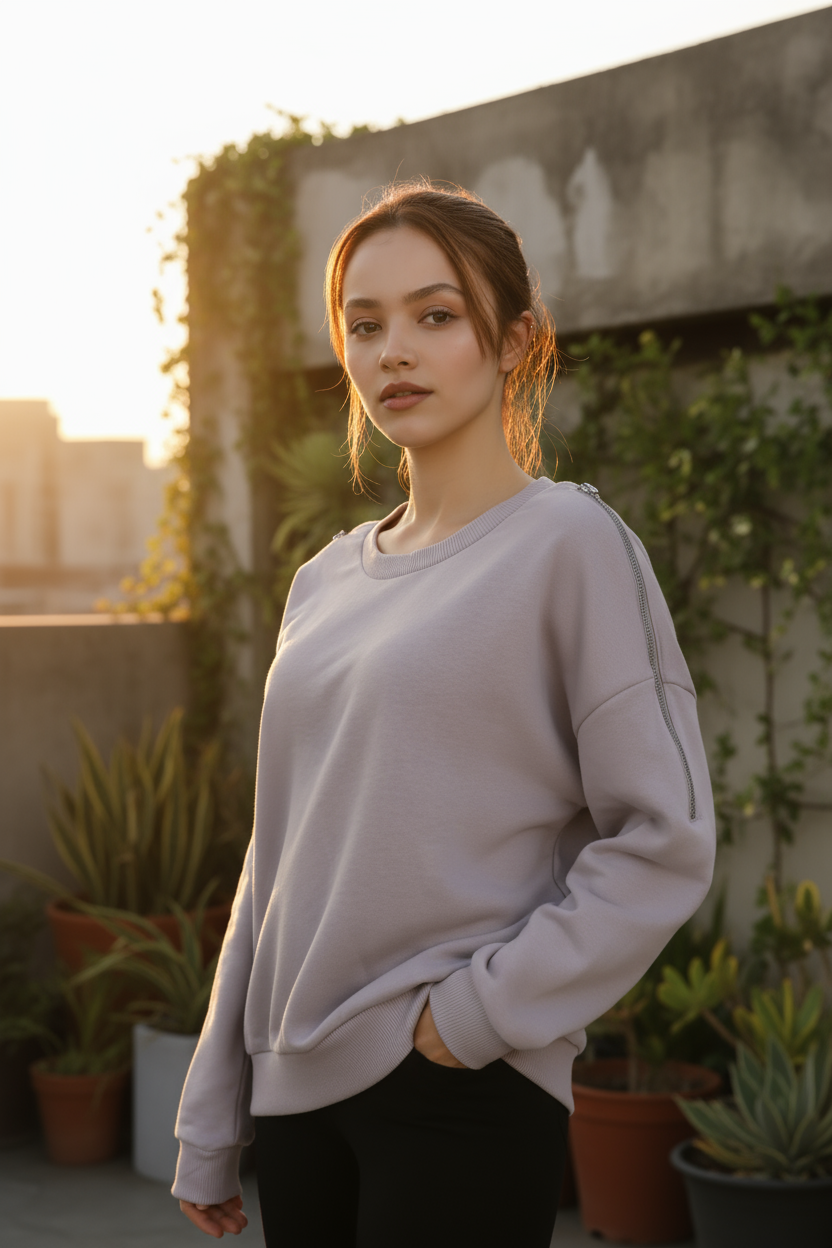 Kadın Omuz Fermuarlı Pamuklu Sweatshirt – Gri | Şık & Rahat - Görsel 4