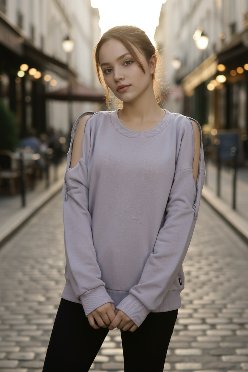 Kadın Omuz Fermuarlı Pamuklu Sweatshirt – Gri | Şık & Rahat