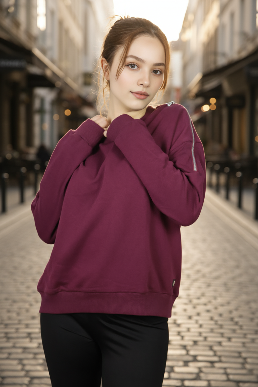 Kadın Omuz Fermuarlı Pamuklu Sweatshirt – Bordo | Şık & Rahat - Görsel 14