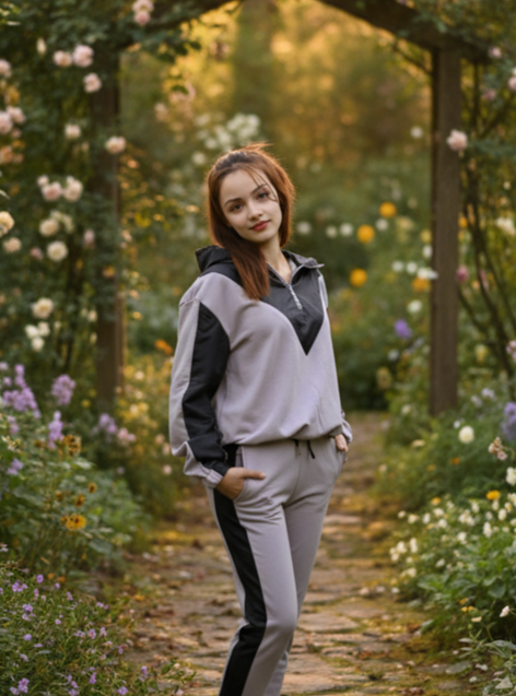 Kadın Şık Garnili Gri - Siyah Eşofman Takımı - Yüksek Kaliteli Kapüşonlu Jogger Seti - Görsel 2