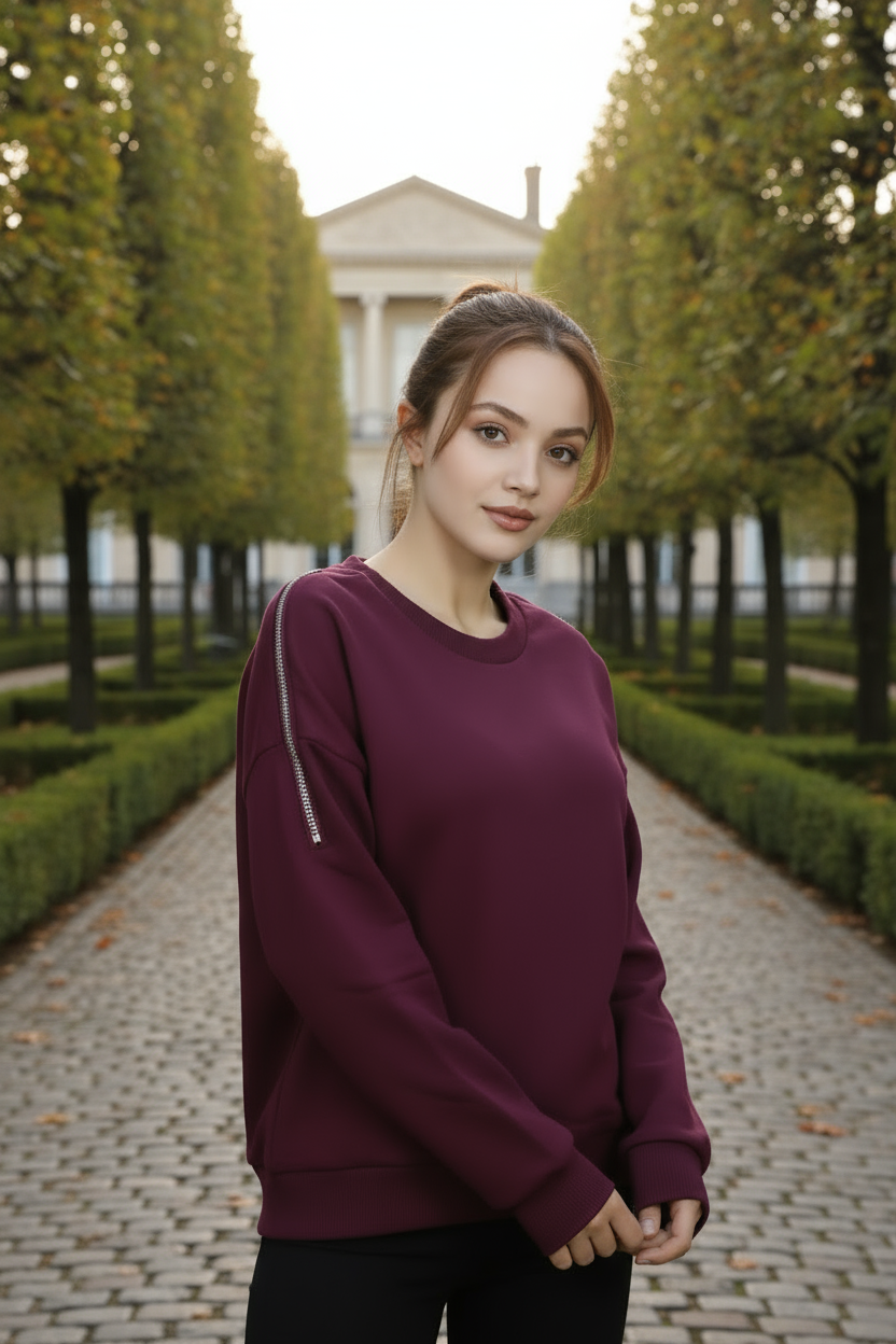 Kadın Omuz Fermuarlı Pamuklu Sweatshirt – Bordo | Şık & Rahat - Görsel 10