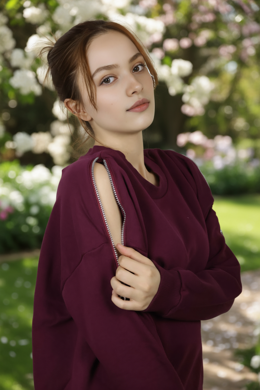 Kadın Omuz Fermuarlı Pamuklu Sweatshirt – Bordo | Şık & Rahat - Görsel 15