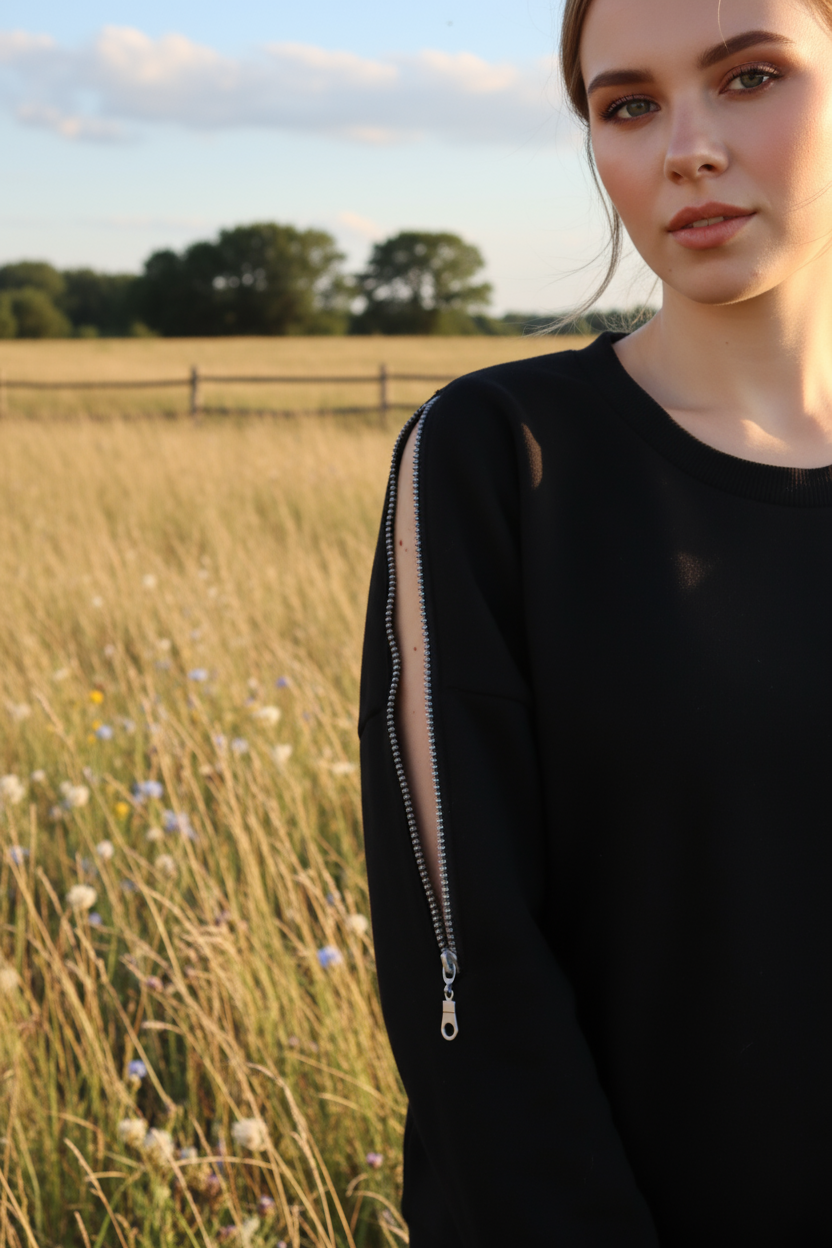 Kadın Omuz Fermuarlı Pamuklu Sweatshirt – Siyah | Şık & Rahat - Görsel 9