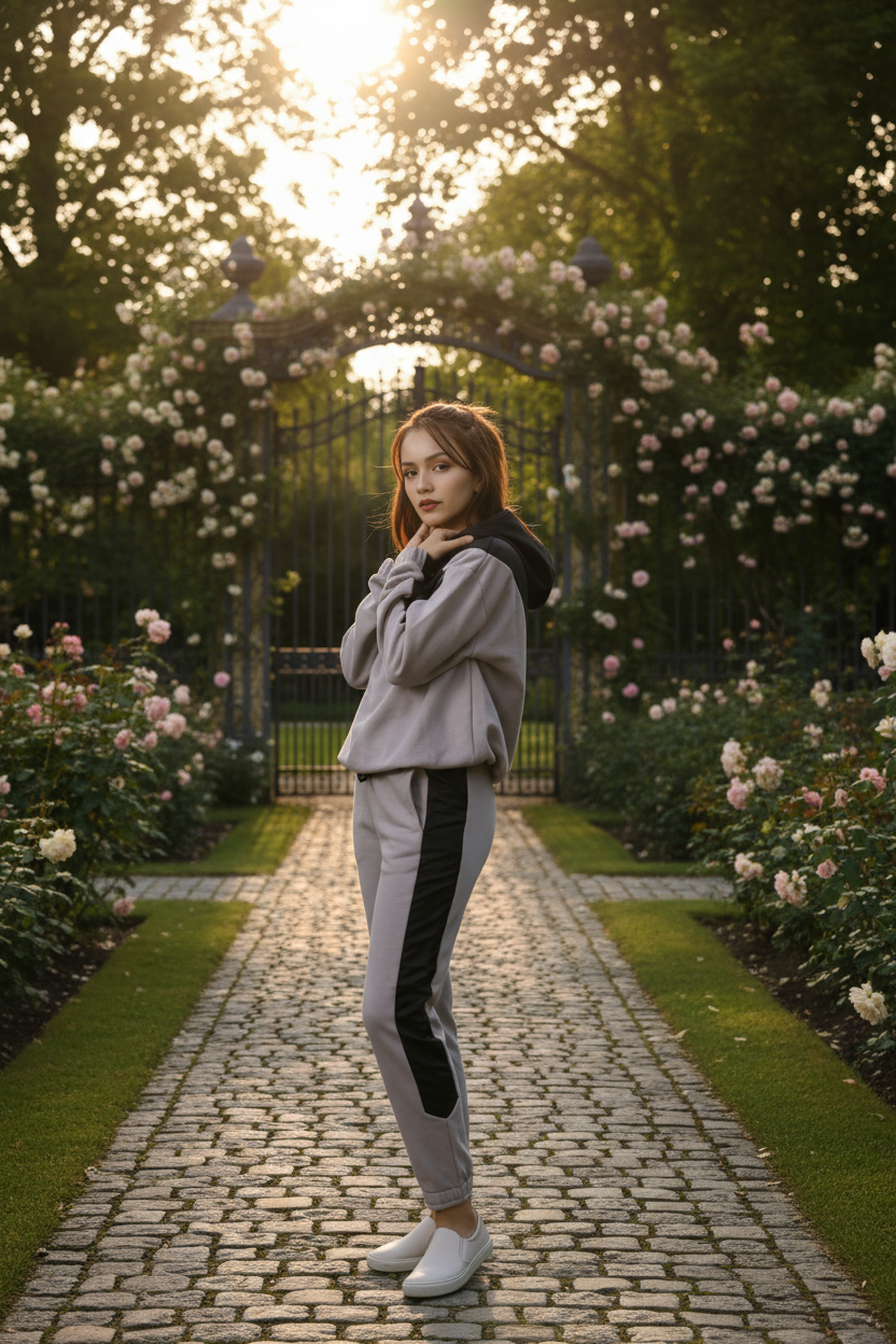 Kadın Şık Garnili Gri - Siyah Eşofman Takımı - Yüksek Kaliteli Kapüşonlu Jogger Seti - Görsel 12