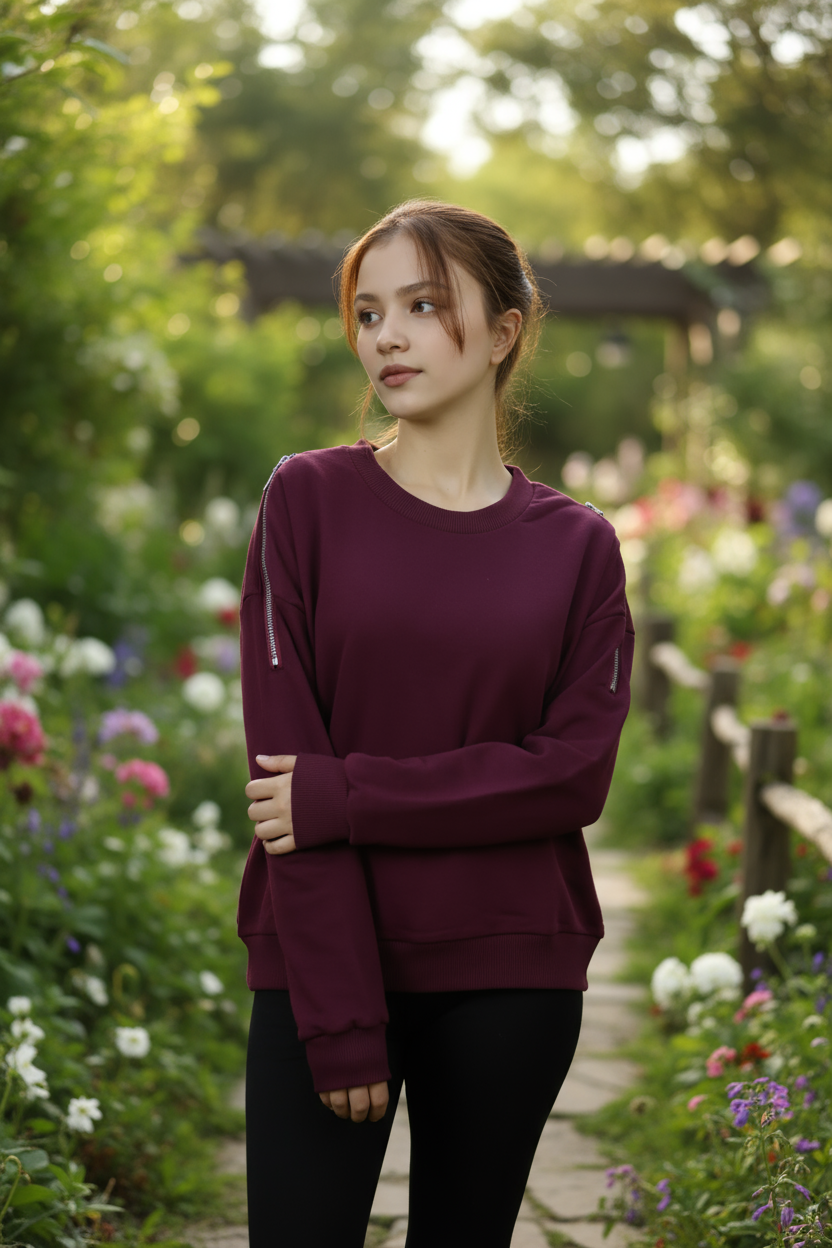 Kadın Omuz Fermuarlı Pamuklu Sweatshirt – Bordo | Şık & Rahat - Görsel 11