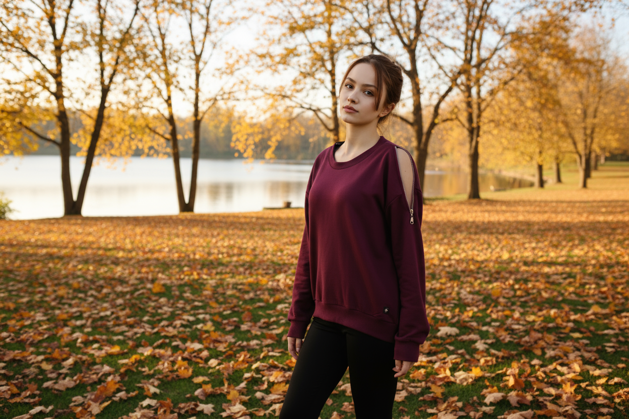 Kadın Omuz Fermuarlı Pamuklu Sweatshirt – Bordo | Şık & Rahat - Görsel 12