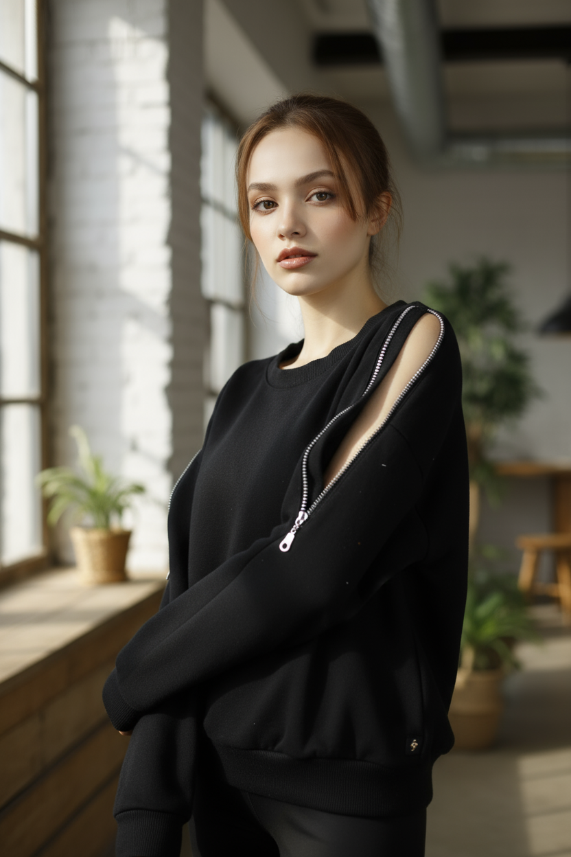 Kadın Omuz Fermuarlı Pamuklu Sweatshirt – Siyah | Şık & Rahat - Görsel 11