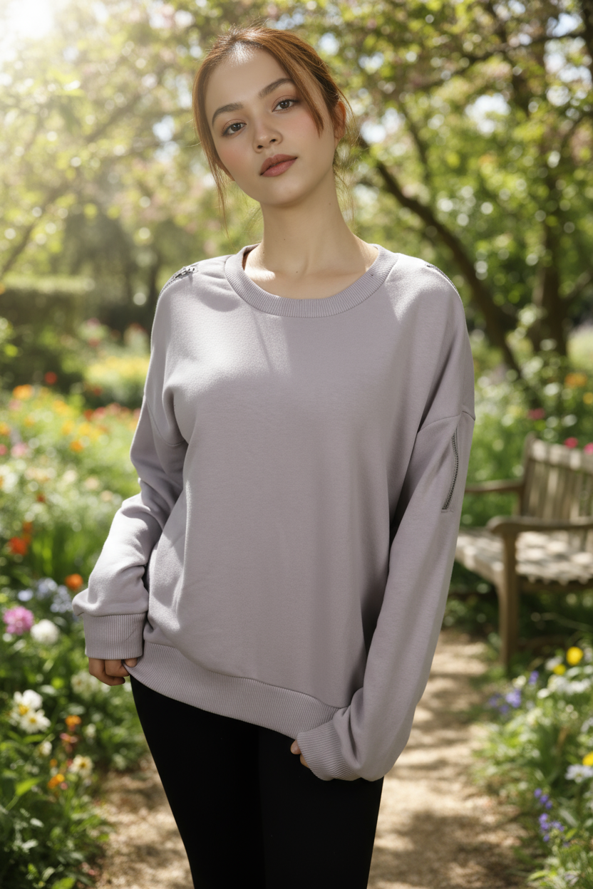 Kadın Omuz Fermuarlı Pamuklu Sweatshirt – Gri | Şık & Rahat - Görsel 3