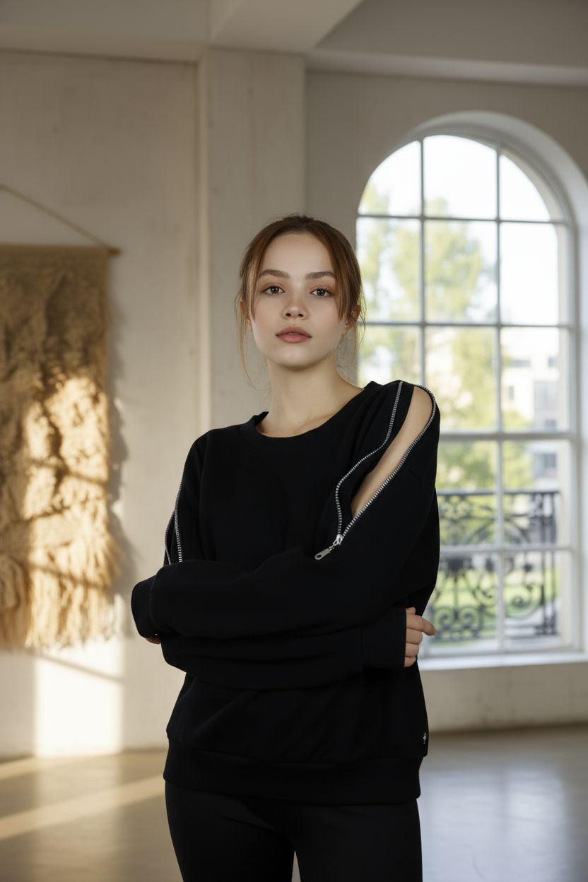 Kadın Omuz Fermuarlı Pamuklu Sweatshirt – Siyah | Şık & Rahat - Görsel 10