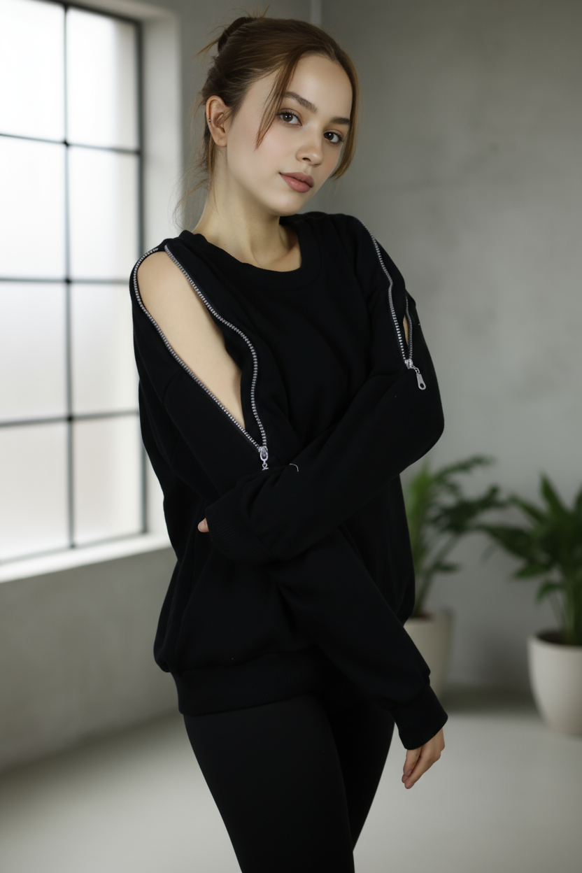 Kadın Omuz Fermuarlı Pamuklu Sweatshirt – Siyah | Şık & Rahat - Görsel 7