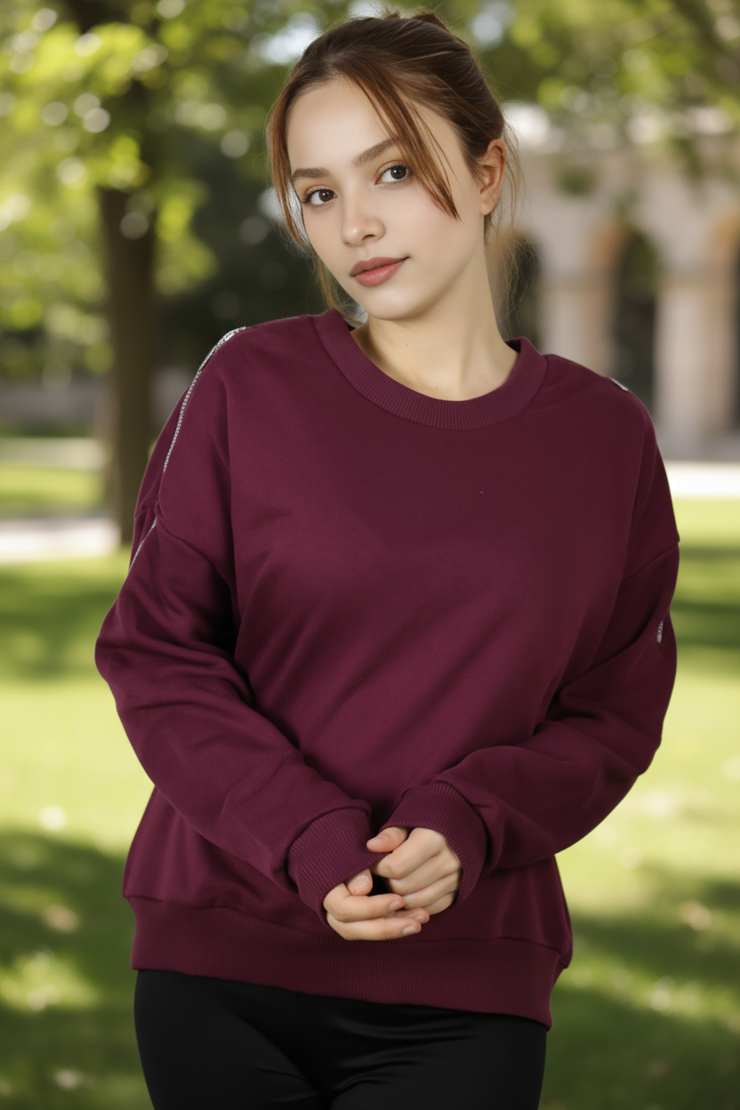 Kadın Omuz Fermuarlı Pamuklu Sweatshirt – Bordo | Şık & Rahat - Görsel 16