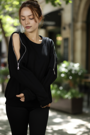 Kadın Omuz Fermuarlı Pamuklu Sweatshirt – Siyah | Şık & Rahat