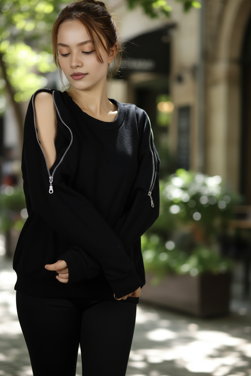 Kadın Omuz Fermuarlı Pamuklu Sweatshirt – Siyah | Şık & Rahat