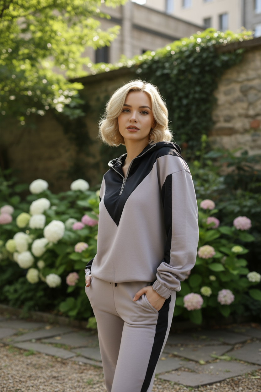 Kadın Şık Garnili Gri - Siyah Eşofman Takımı - Yüksek Kaliteli Kapüşonlu Jogger Seti - Görsel 15