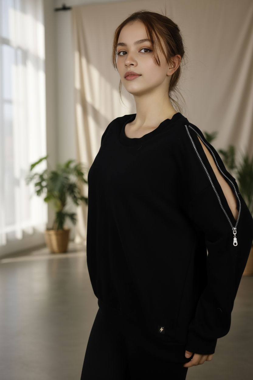 Kadın Omuz Fermuarlı Pamuklu Sweatshirt – Siyah | Şık & Rahat - Görsel 6