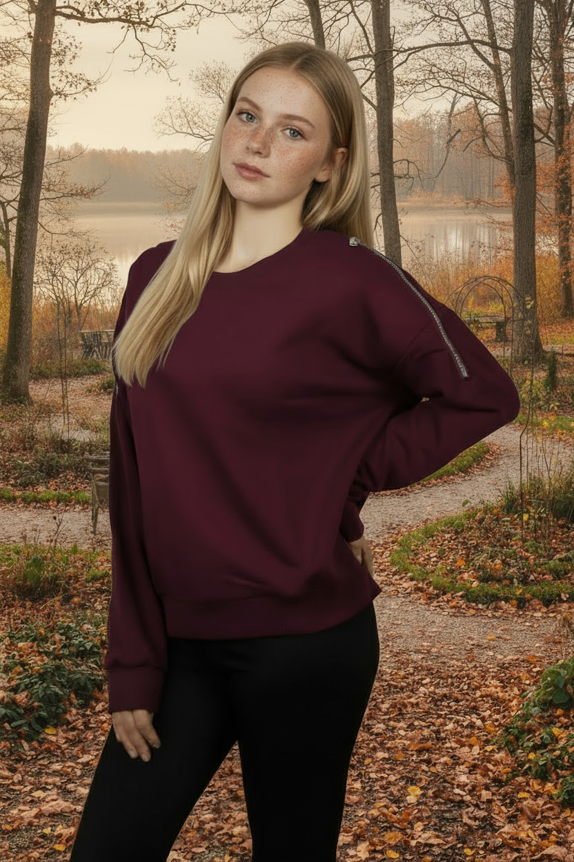 Kadın Omuz Fermuarlı Pamuklu Sweatshirt – Bordo | Şık & Rahat - Görsel 13