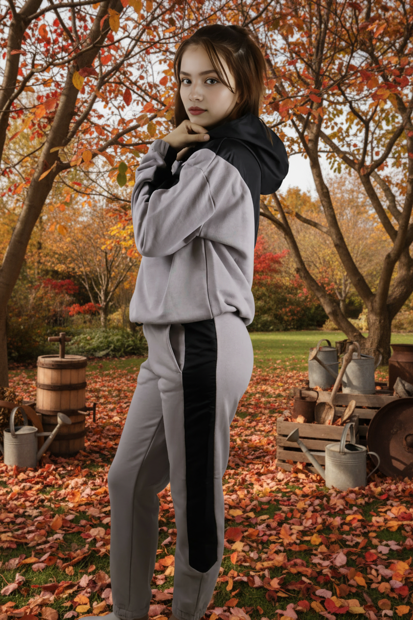 Kadın Şık Garnili Gri - Siyah Eşofman Takımı - Yüksek Kaliteli Kapüşonlu Jogger Seti - Görsel 10