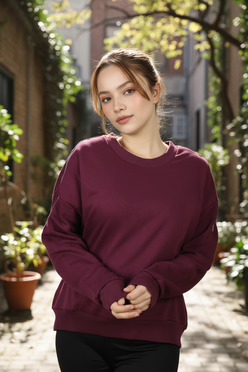 Kadın Omuz Fermuarlı Pamuklu Sweatshirt – Bordo | Şık & Rahat - Görsel 6
