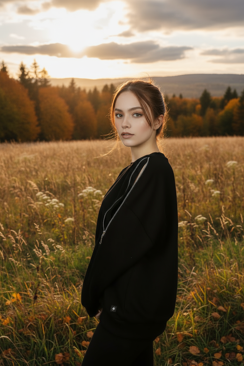 Kadın Omuz Fermuarlı Pamuklu Sweatshirt – Siyah | Şık & Rahat - Görsel 5