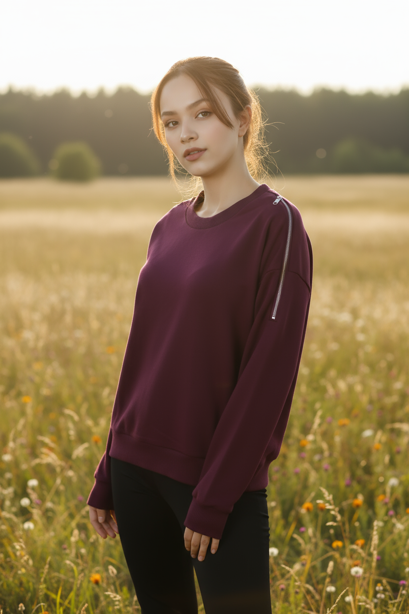 Kadın Omuz Fermuarlı Pamuklu Sweatshirt – Bordo | Şık & Rahat - Görsel 7