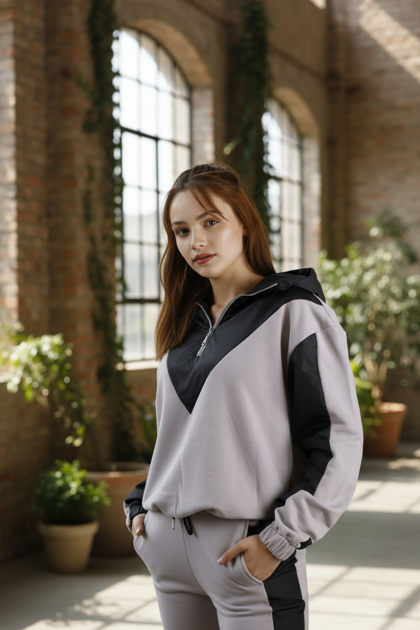 Kadın Şık Garnili Gri - Siyah Eşofman Takımı - Yüksek Kaliteli Kapüşonlu Jogger Seti