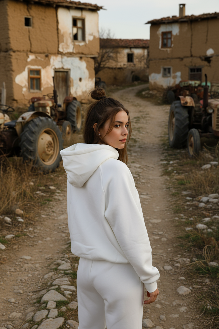 Kadın Oversize Kapüşonlu Eşofman Takımı PREMIUM Kalite | Beyaz Kışlık Jogger Seti - Görsel 14