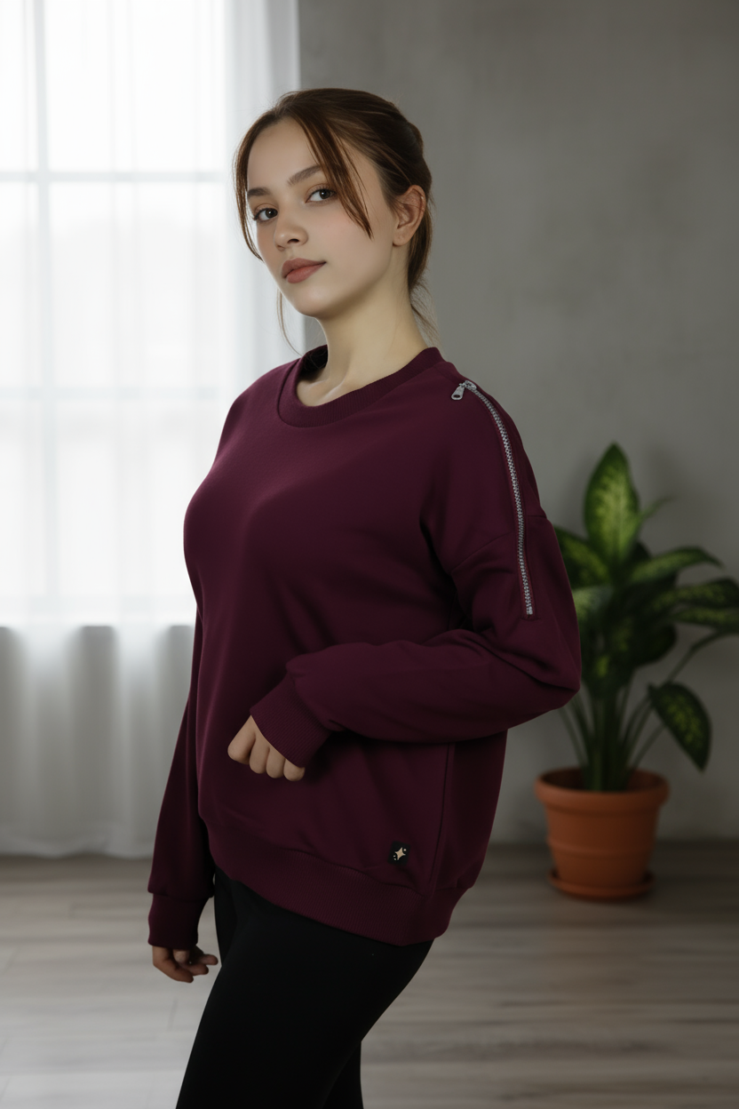 Kadın Omuz Fermuarlı Pamuklu Sweatshirt – Bordo | Şık & Rahat - Görsel 17