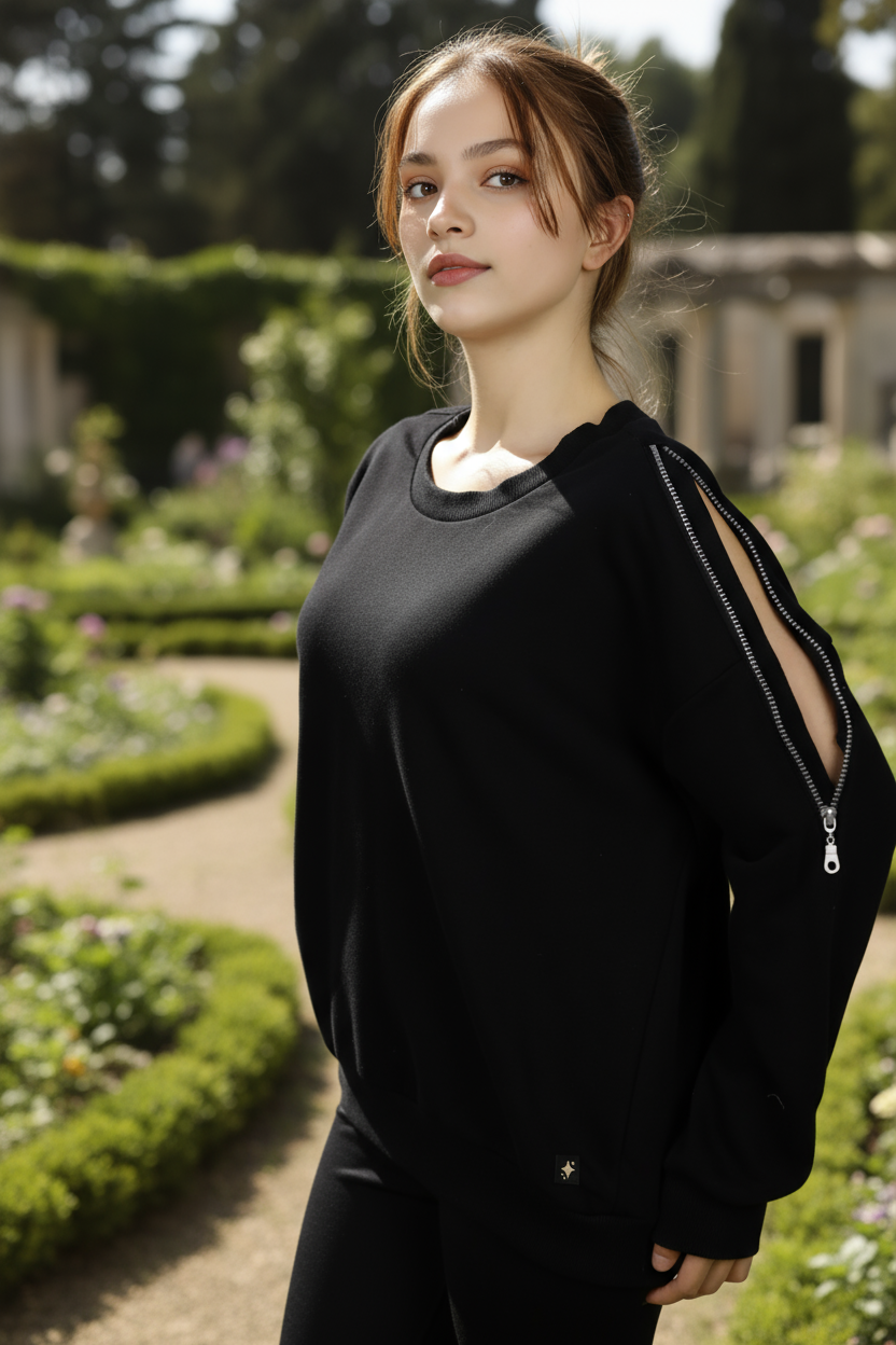 Kadın Omuz Fermuarlı Pamuklu Sweatshirt – Siyah | Şık & Rahat - Görsel 8