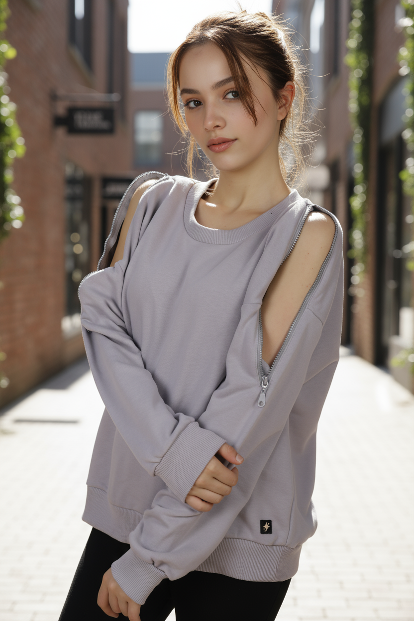 Kadın Omuz Fermuarlı Pamuklu Sweatshirt – Gri | Şık & Rahat - Görsel 13