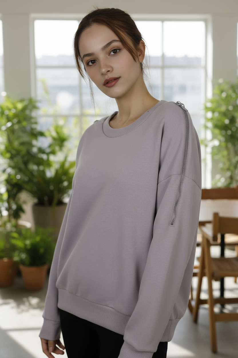 Kadın Omuz Fermuarlı Pamuklu Sweatshirt – Gri | Şık & Rahat - Görsel 2