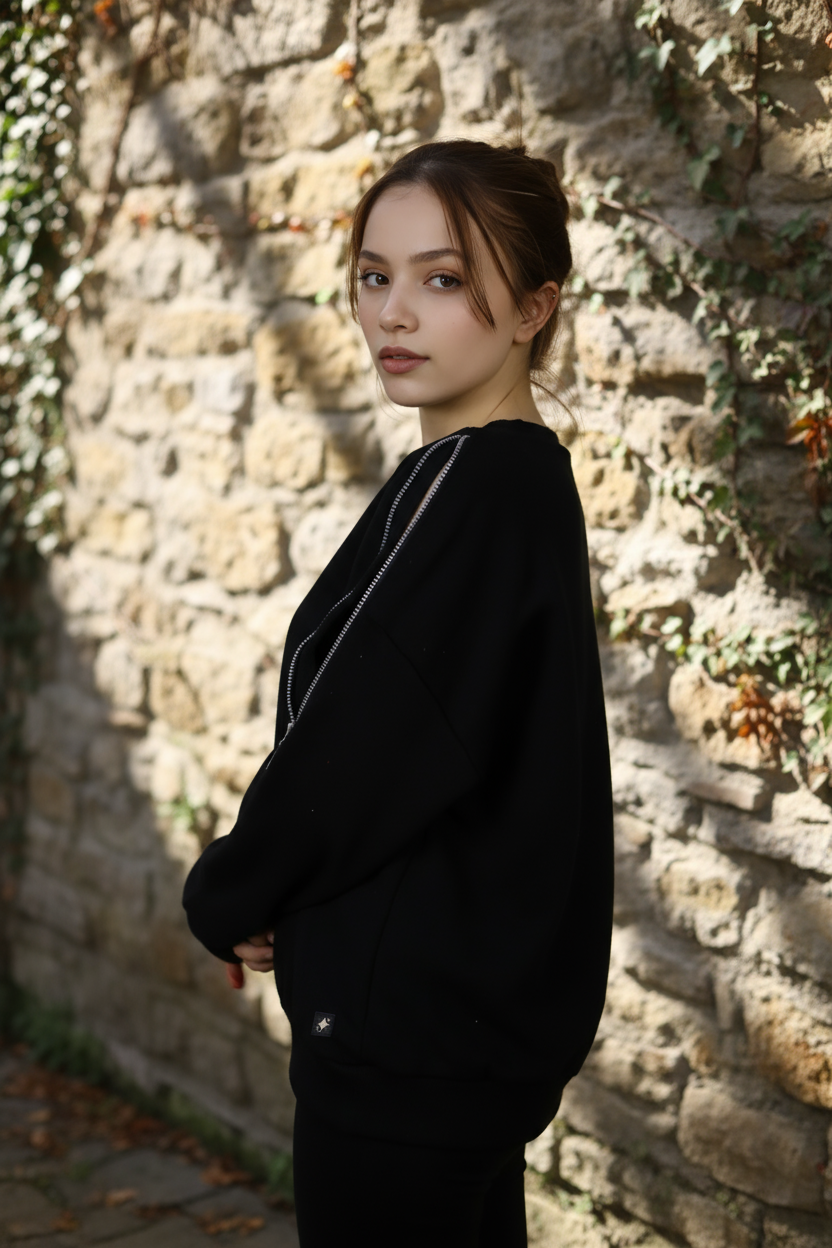 Kadın Omuz Fermuarlı Pamuklu Sweatshirt – Siyah | Şık & Rahat - Görsel 13