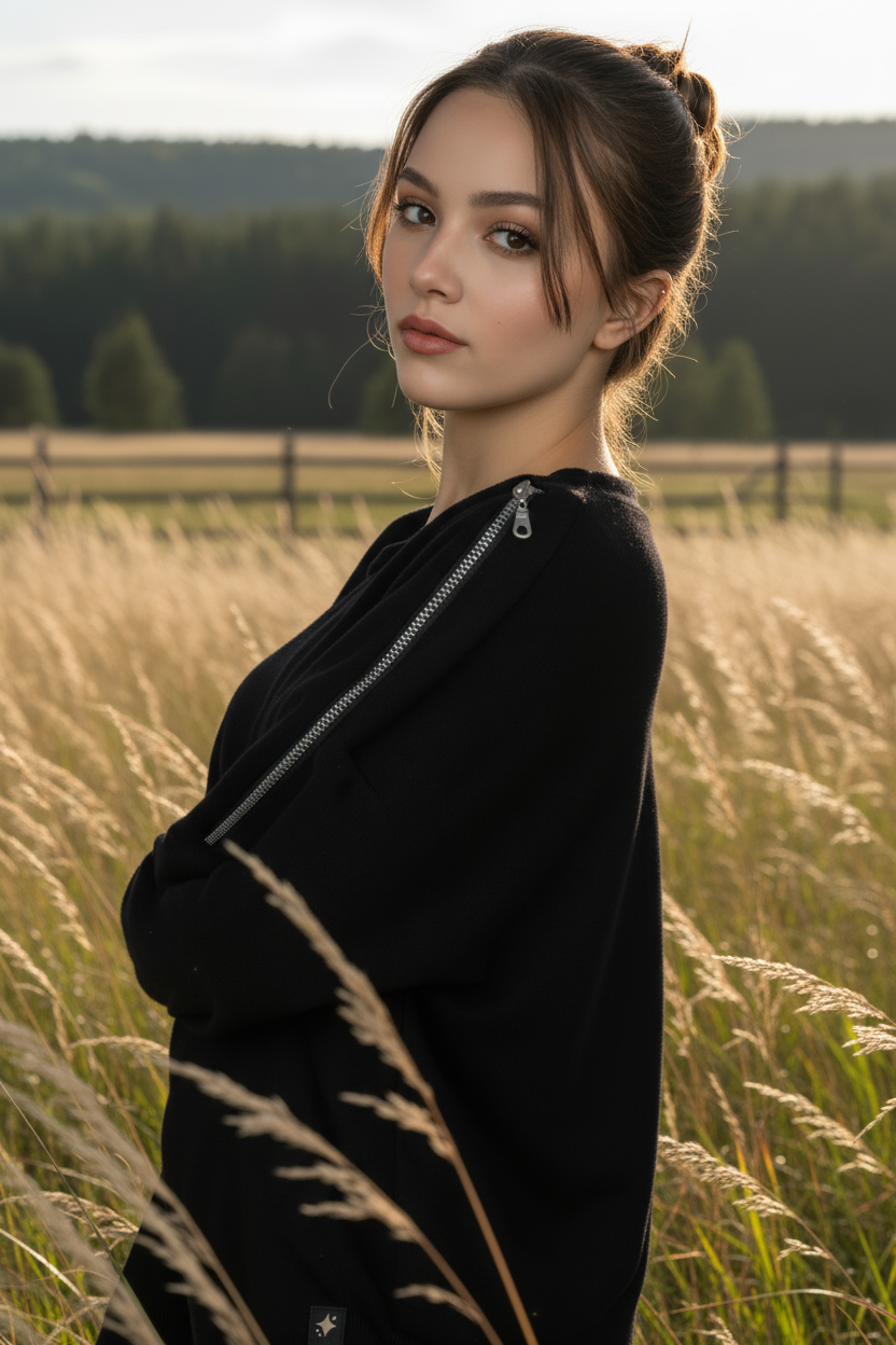 Kadın Omuz Fermuarlı Pamuklu Sweatshirt – Siyah | Şık & Rahat - Görsel 4