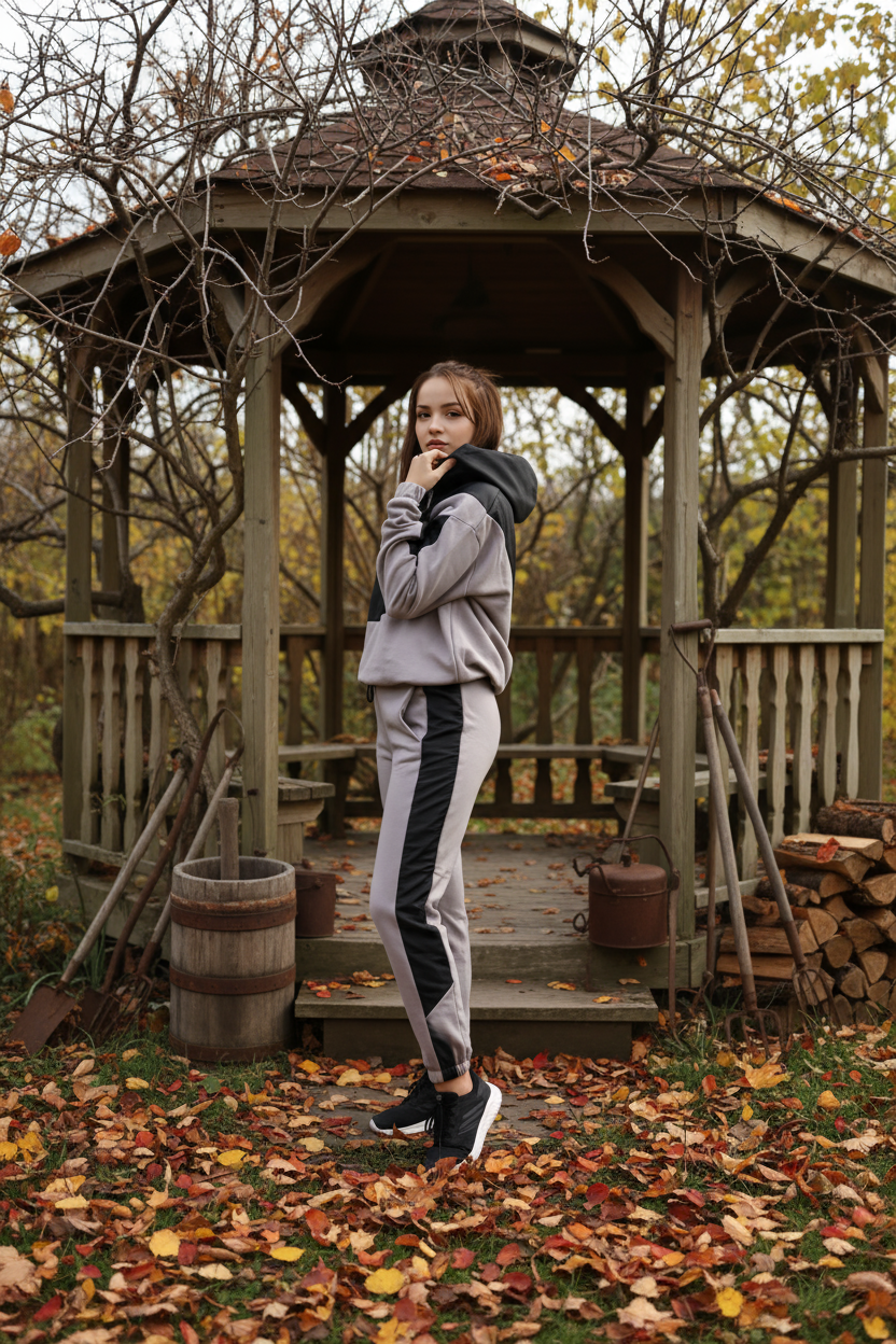 Kadın Şık Garnili Gri - Siyah Eşofman Takımı - Yüksek Kaliteli Kapüşonlu Jogger Seti - Görsel 8