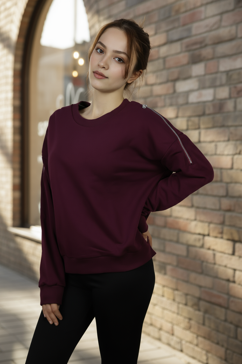 Kadın Omuz Fermuarlı Pamuklu Sweatshirt – Bordo | Şık & Rahat - Görsel 5