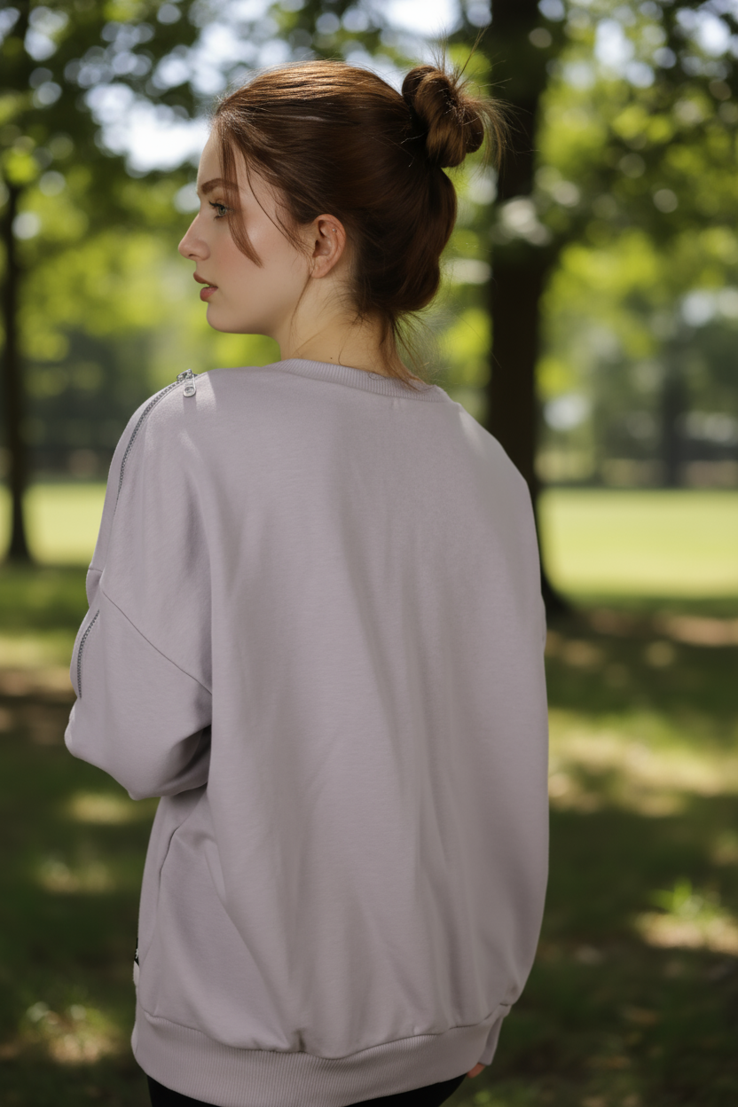 Kadın Omuz Fermuarlı Pamuklu Sweatshirt – Gri | Şık & Rahat - Görsel 9